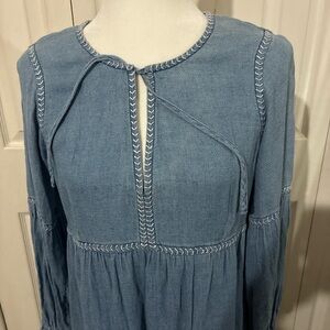 Madewell Light Blue Embroidered Tie-Neck Midi Dress